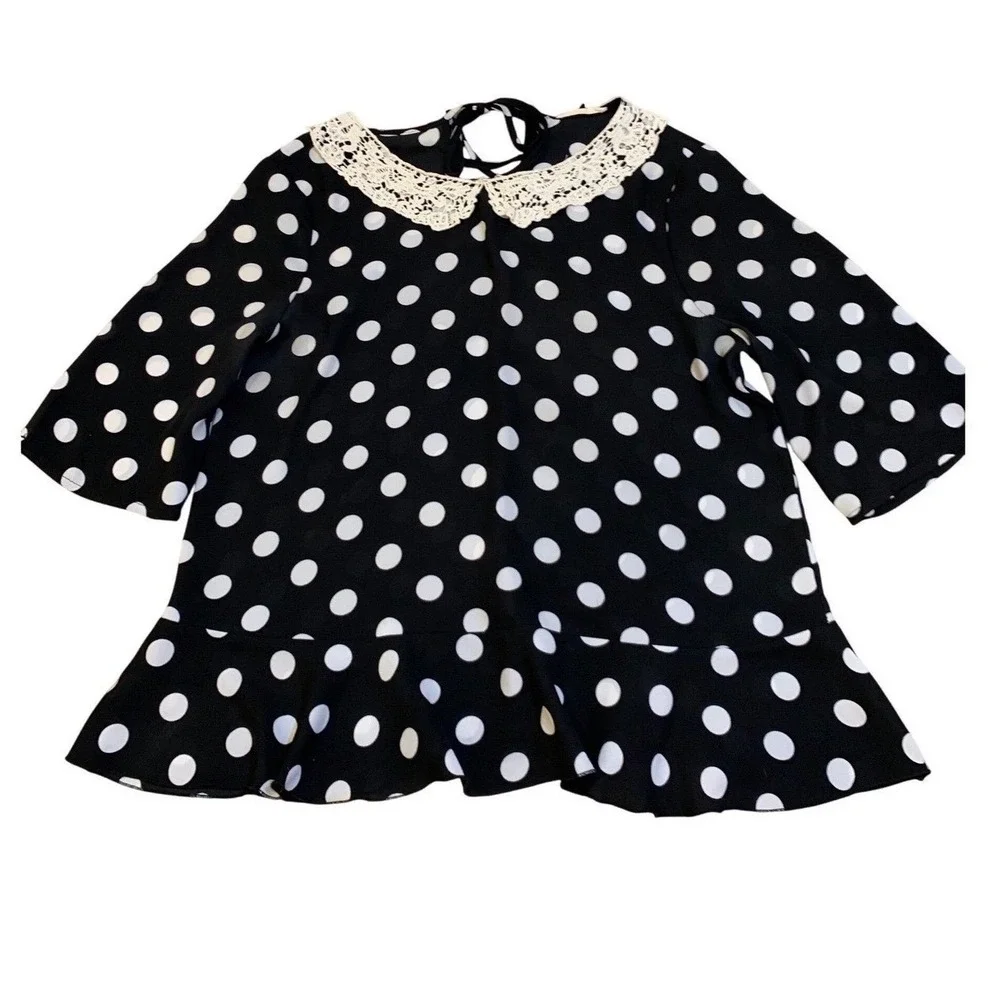 Polka Dot Peter Pan Lace‎ Collar Blouse M Chiffon Coquette Retro Peplum Womens